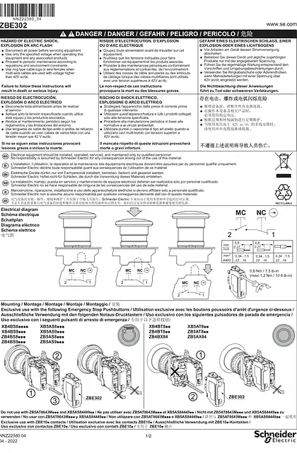 schneider施耐德ZBE302 Single contact block - 1 NC monitoring_ Instruction Sheet (ZH)